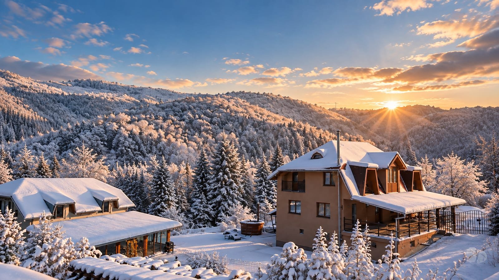 Cabana Marama la răsărit, înconjurată de pădurea înzăpezită din Valea Brătcuței, Bihor